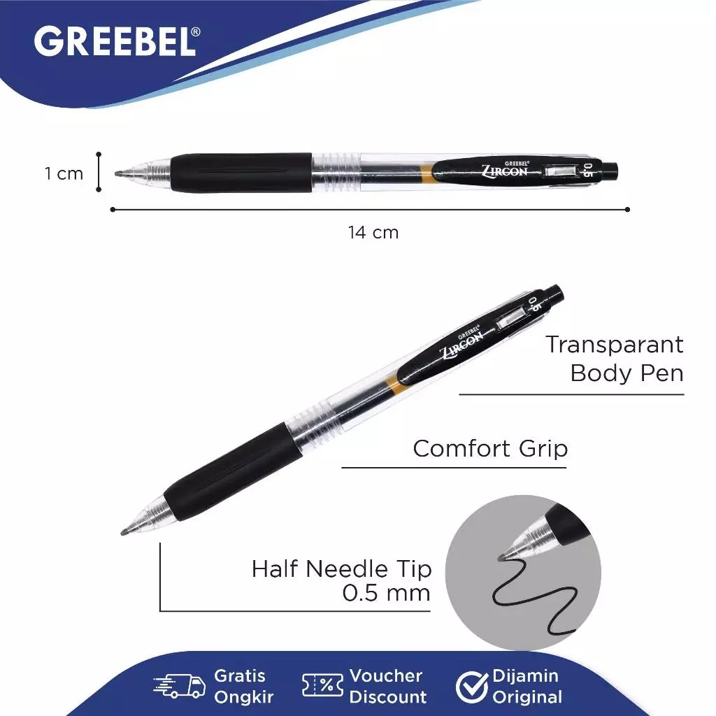GREEBEL Gel Pen 0.5mm - GP509 ZIRCON BLACK (Pulpen Gel Tinta Halus Nyaman Digunakan)