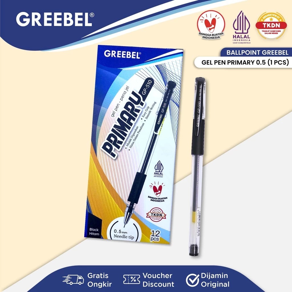 GREEBEL Gel Pen 0.5mm - GP510 PRIMARY BLACK (Pulpen Gel Tinta Halus Nyaman Digunakan)