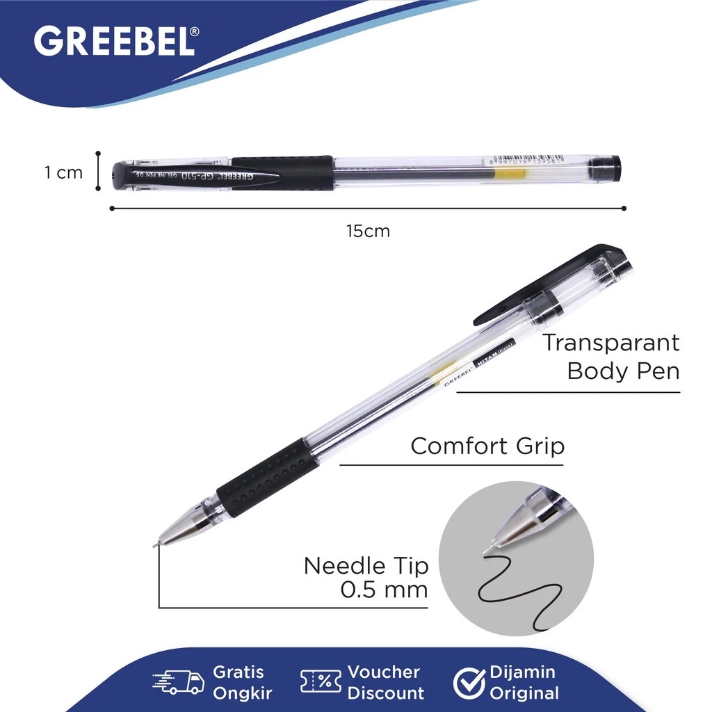 GREEBEL Gel Pen 0.5mm - GP510 PRIMARY BLACK (Pulpen Gel Tinta Halus Nyaman Digunakan)