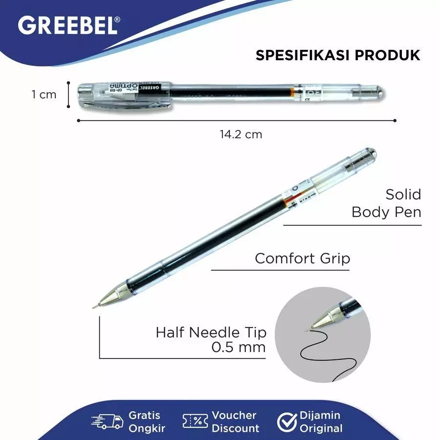 GREEBEL Gel Pen 0.5mm - GP515 OPTIMA (Pulpen Gel Tinta Halus Nyaman Digunakan)
