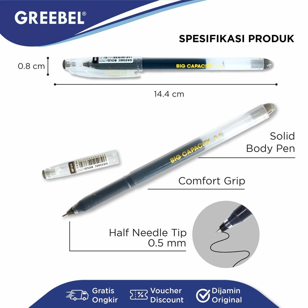GREEBEL Gel Pen 0.5mm - GP516 BOLD LINER (Pulpen Gel Tinta Halus Nyaman Digunakan)