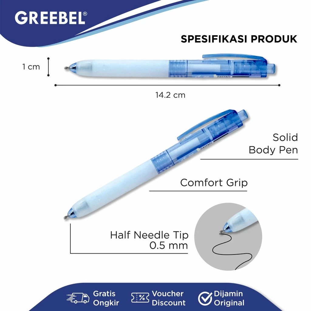 GREEBEL Gel Pen 0.5mm - GP518 JOLLY (Pulpen Gel Tinta Halus Nyaman Digunakan)