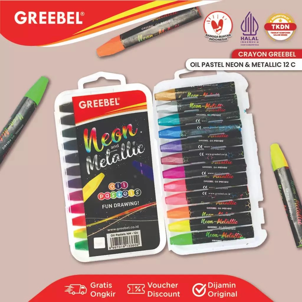 GREEBEL Crayon Kids Oil Pastels - 12C NEONMETALIC (Pilihan Lengkap & Mudah Digunakan Anak)
