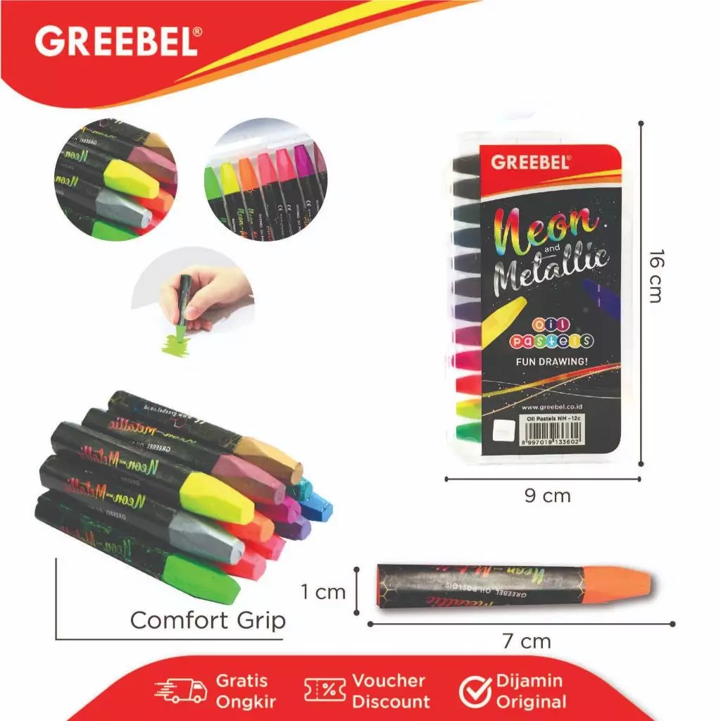 GREEBEL Crayon Kids Oil Pastels - 12C NEONMETALIC (Pilihan Lengkap & Mudah Digunakan Anak)