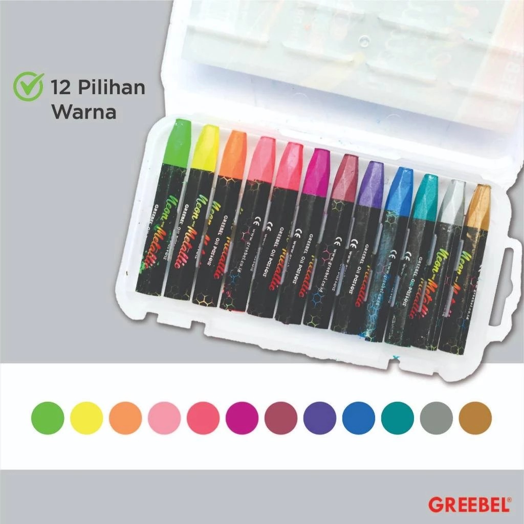 GREEBEL Crayon Kids Oil Pastels - 12C NEONMETALIC (Pilihan Lengkap & Mudah Digunakan Anak)