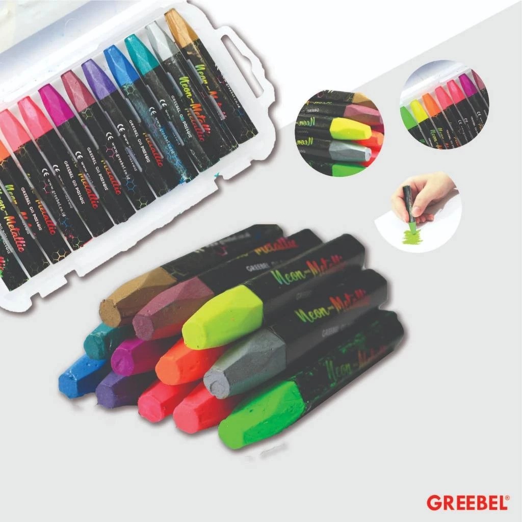 GREEBEL Crayon Kids Oil Pastels - 12C NEONMETALIC (Pilihan Lengkap & Mudah Digunakan Anak)
