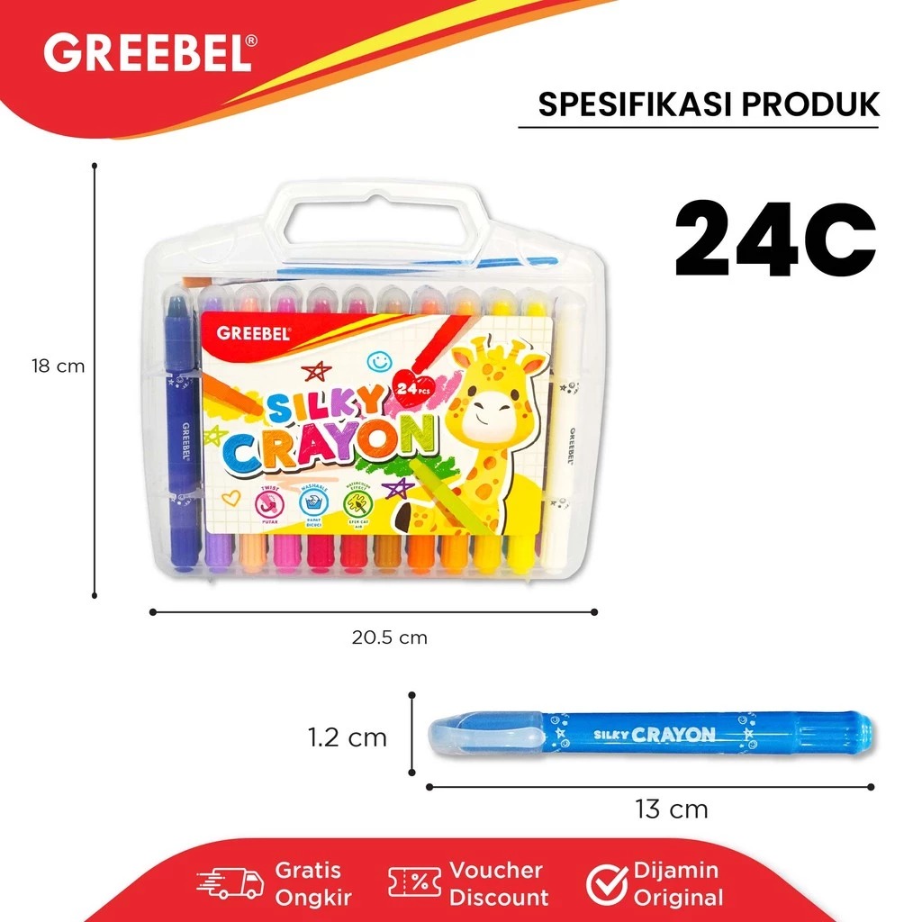 GREEBEL Silky Crayon Premium - 24C (Pilihan Lengkap & Mudah Digunakan Anak)