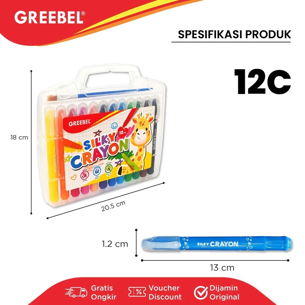 GREEBEL Silky Crayon Premium - 12C (Pilihan Lengkap & Mudah Digunakan Anak)