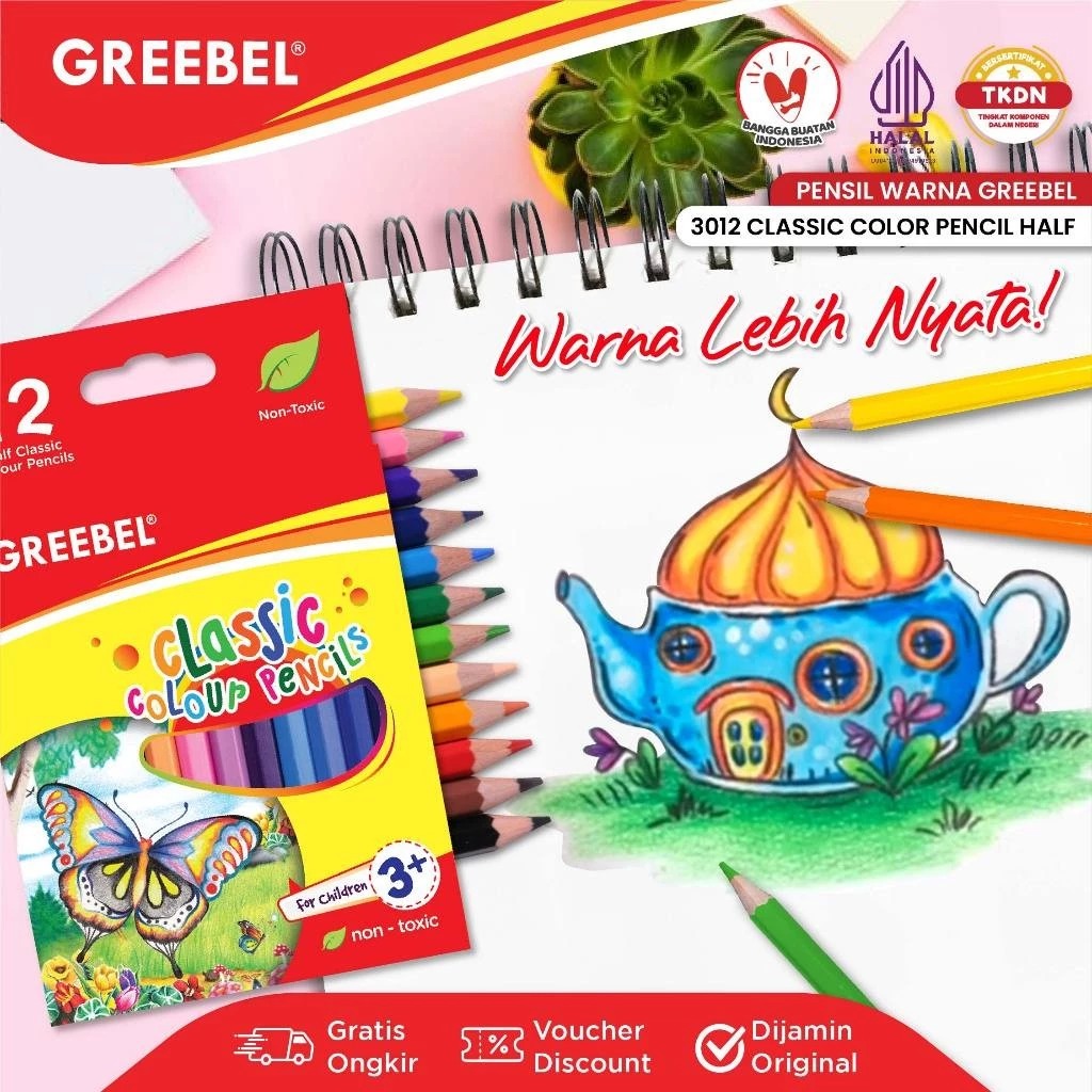 GREEBEL Classic Colour Pencils 3012 - 12C Half (Pensil Warna Original & Berkualitas)