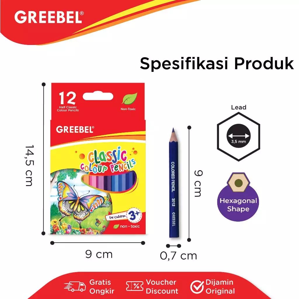 GREEBEL Classic Colour Pencils 3012 - 12C Half (Pensil Warna Original & Berkualitas)
