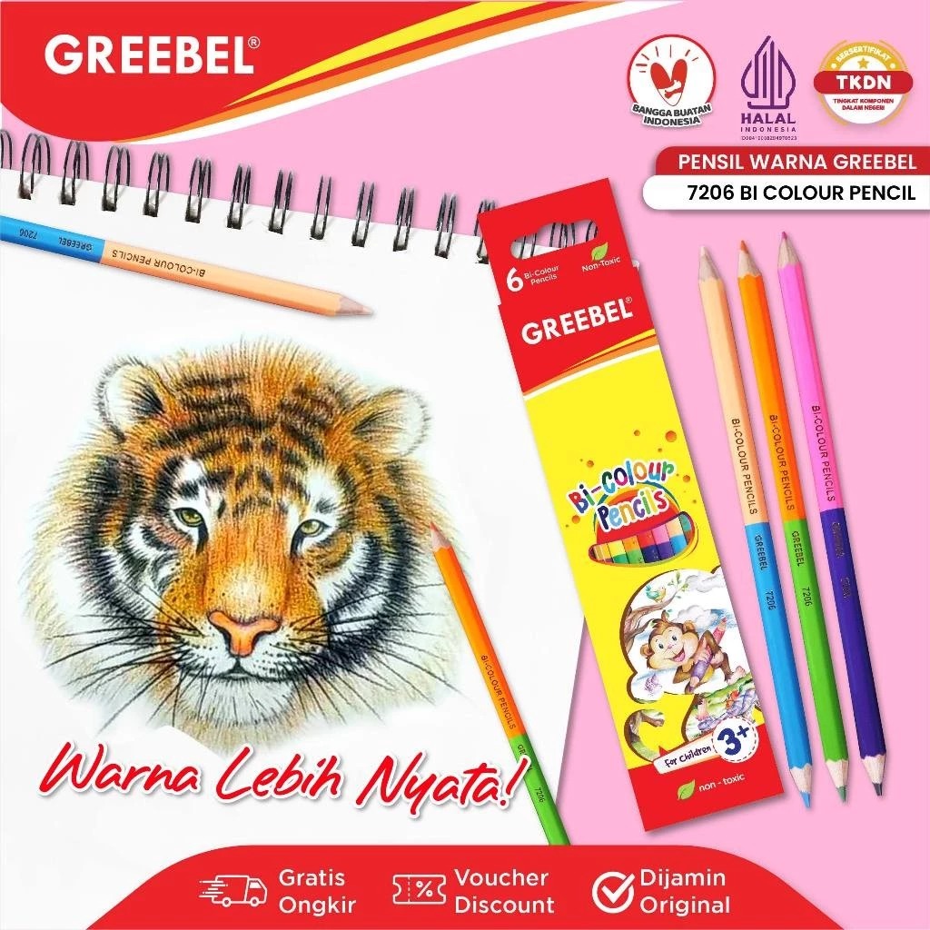 GREEBEL BI Colour Pencils 2in1 7206 - 12C (6 Pencils) 1 Pensil 2 Warna Original & Berkualitas