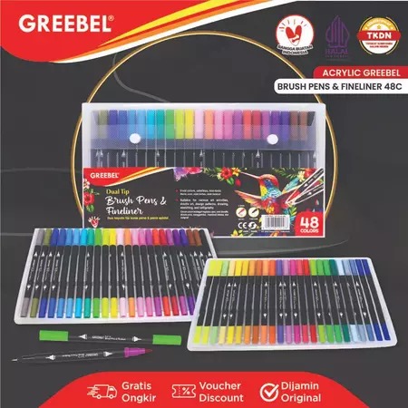 GREEBEL Dual Tip Brush Pen & Fineliner - 48C (Pena Kuas Warna Lettering & Sketsa)