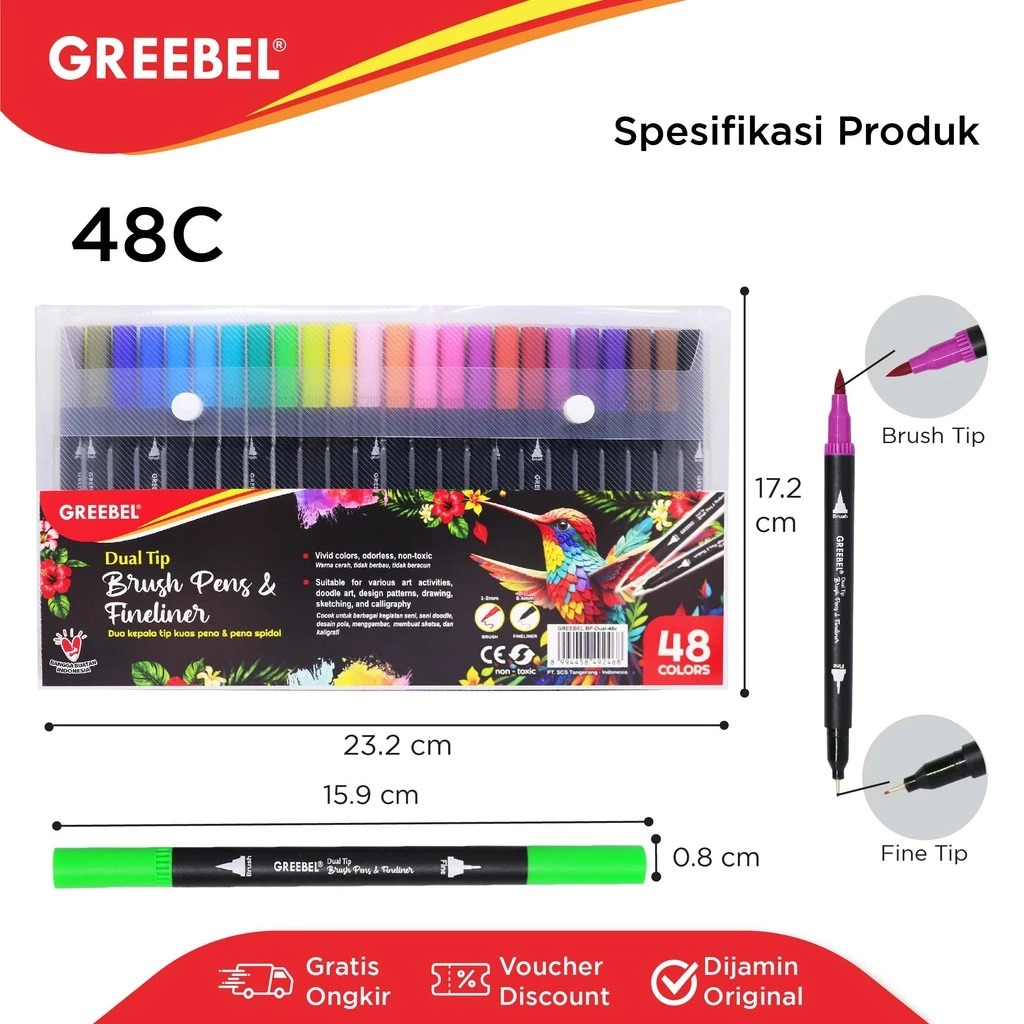 GREEBEL Dual Tip Brush Pen & Fineliner - 48C (Pena Kuas Warna Lettering & Sketsa)