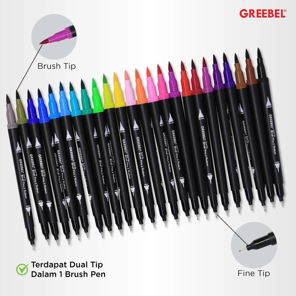 GREEBEL Dual Tip Brush Pen & Fineliner - 48C (Pena Kuas Warna Lettering & Sketsa)