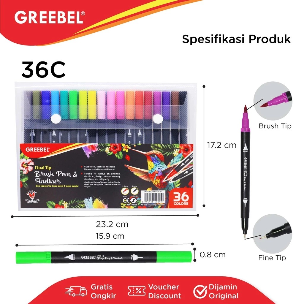 GREEBEL Dual Tip Brush Pen & Fineliner - 36C (Pena Kuas Warna Lettering & Sketsa)