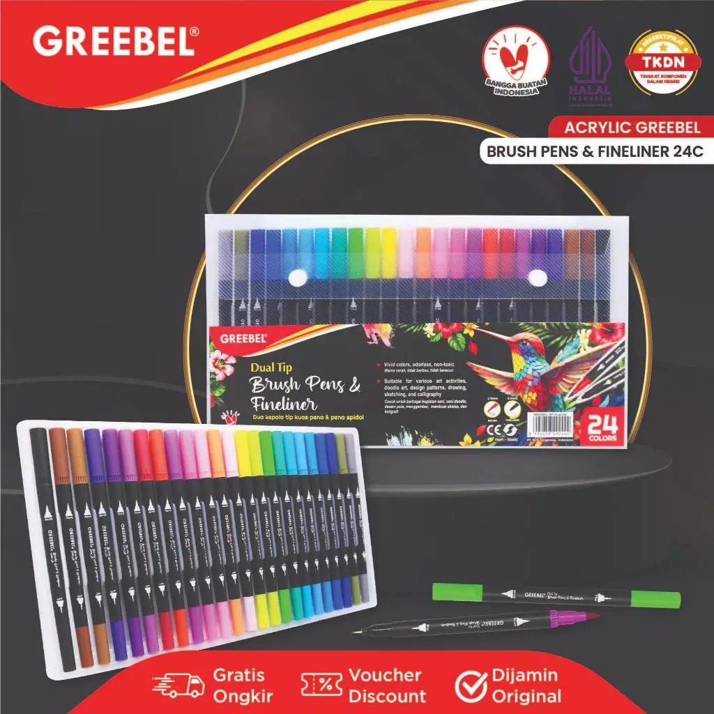 GREEBEL Dual Tip Brush Pen & Fineliner - 24C (Pena Kuas Warna Lettering & Sketsa)