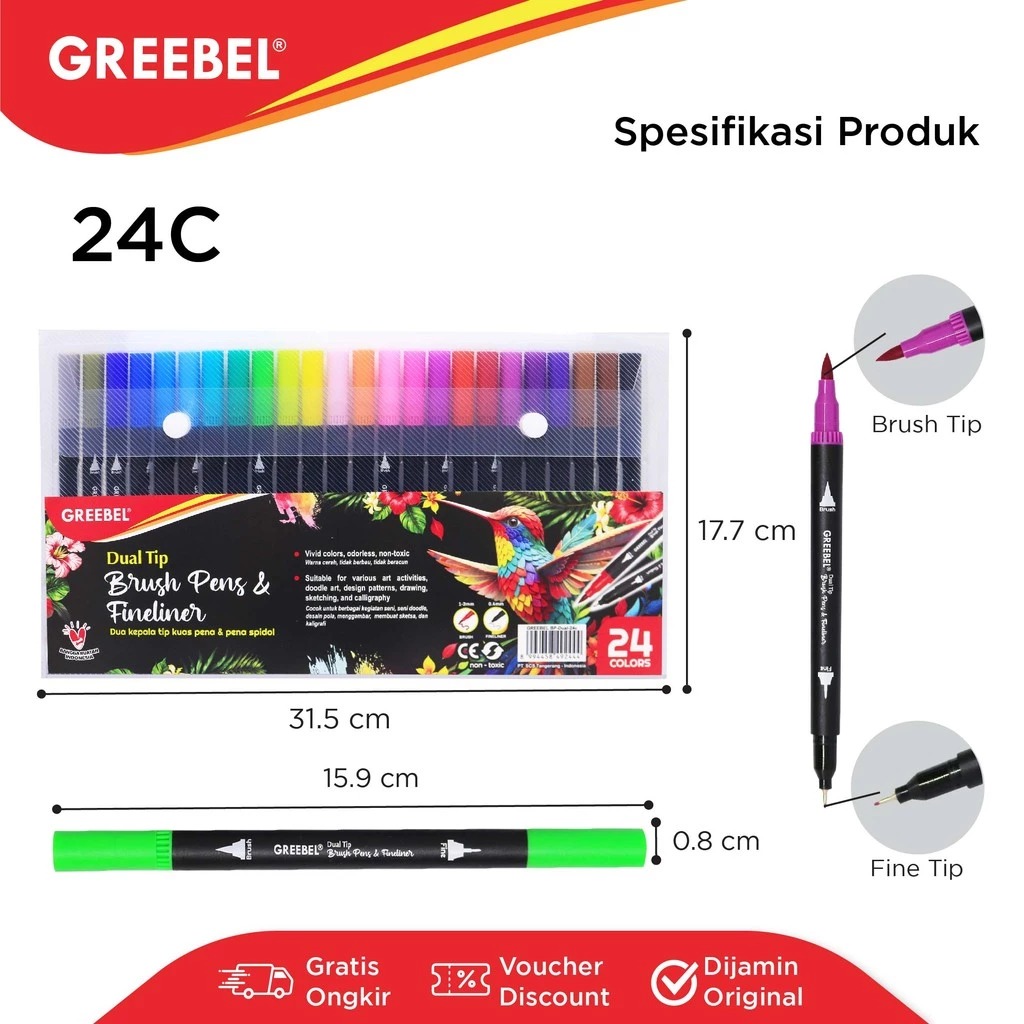 GREEBEL Dual Tip Brush Pen & Fineliner - 24C (Pena Kuas Warna Lettering & Sketsa)