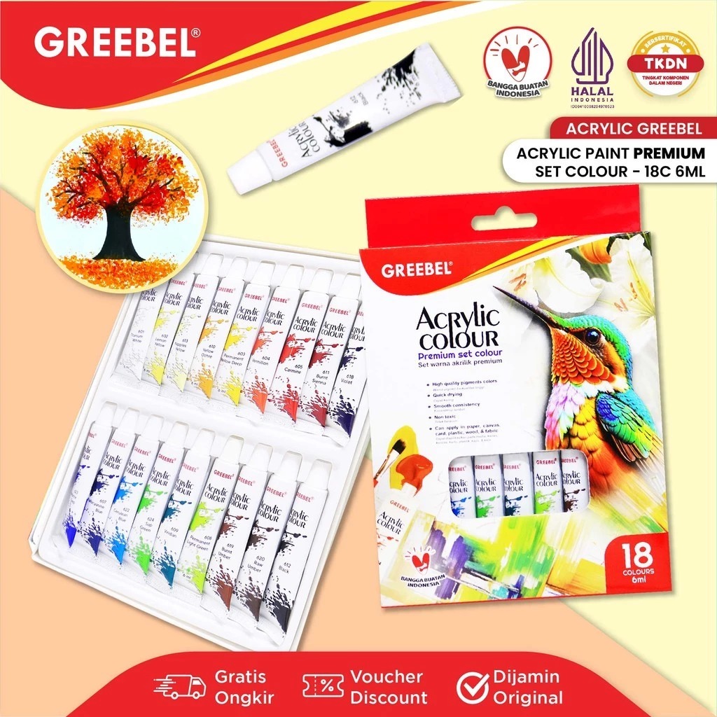 GREEBEL Acrylic Paint Colour Set - 18Cx6ml (Pilihan Warna Lengkap Cat Warna Akrilik)