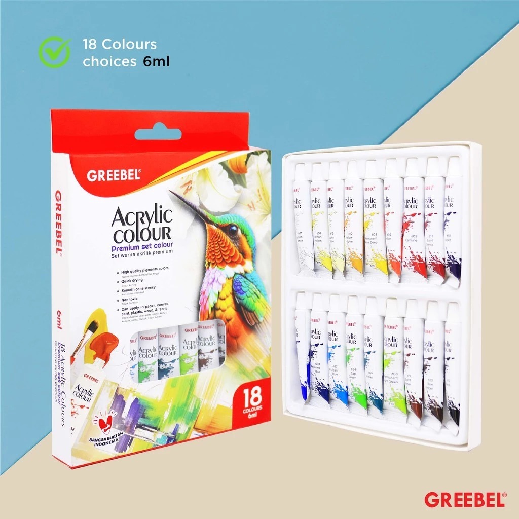 GREEBEL Acrylic Paint Colour Set - 18Cx6ml (Pilihan Warna Lengkap Cat Warna Akrilik)