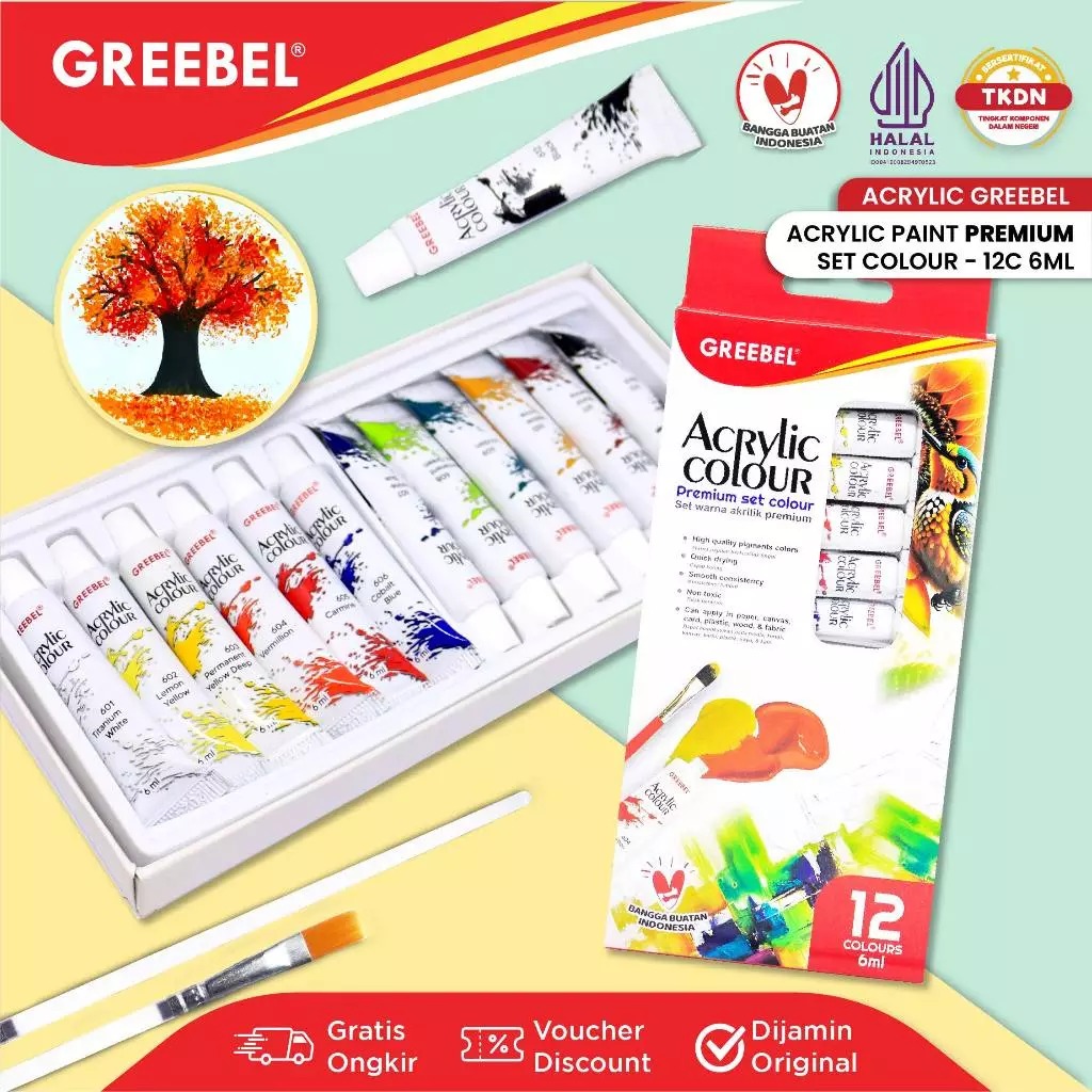 GREEBEL Acrylic Paint Colour Set - 12Cx6ml (Pilihan Warna Lengkap Cat Warna Akrilik)