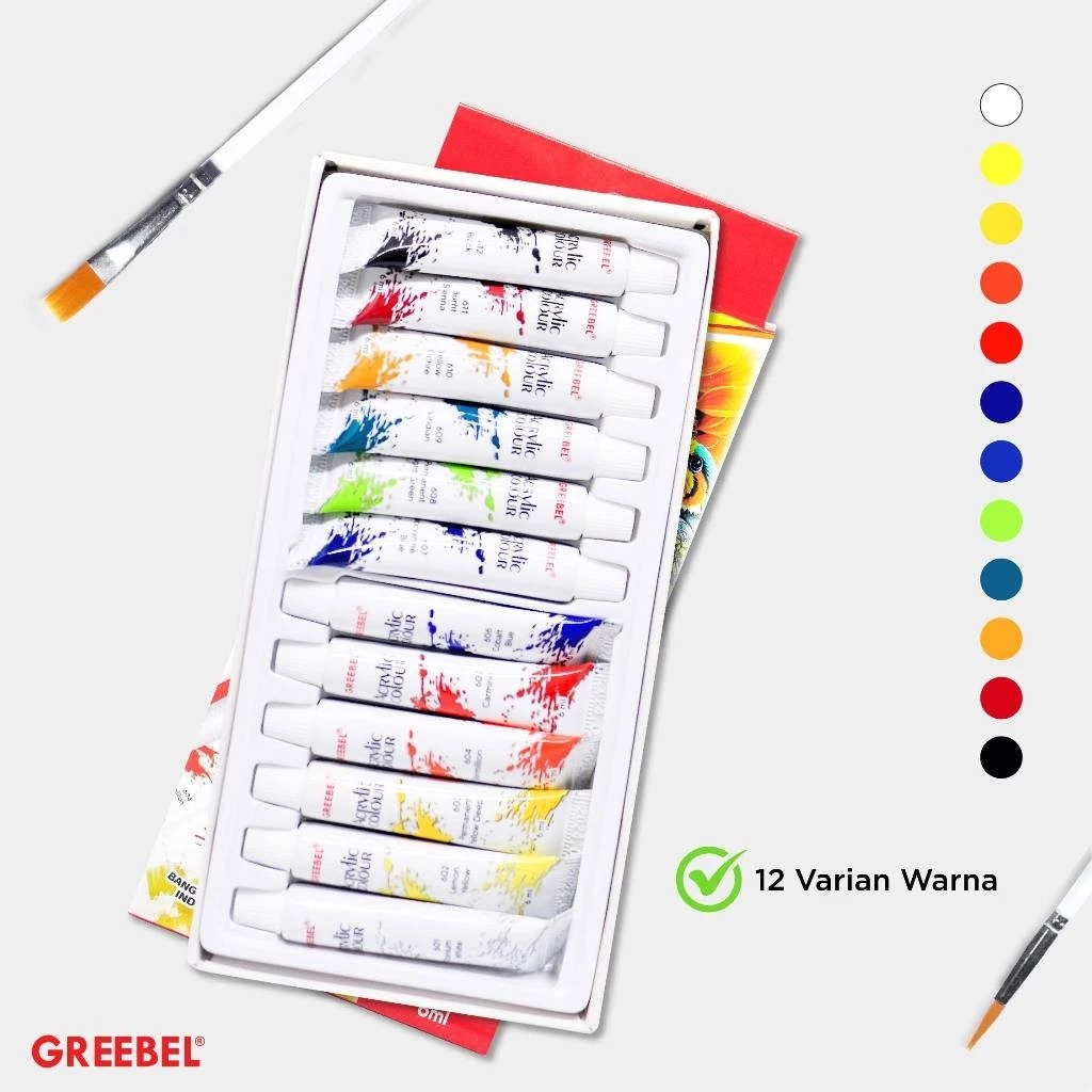 GREEBEL Acrylic Paint Colour Set - 12Cx6ml (Pilihan Warna Lengkap Cat Warna Akrilik)