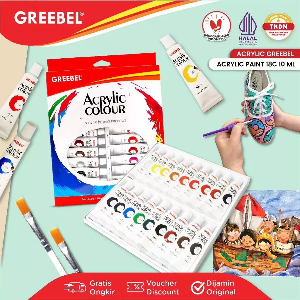 GREEBEL Acrylic Paint Colour Set - 18Cx10ml (Pilihan Warna Lengkap Cat Warna Akrilik)