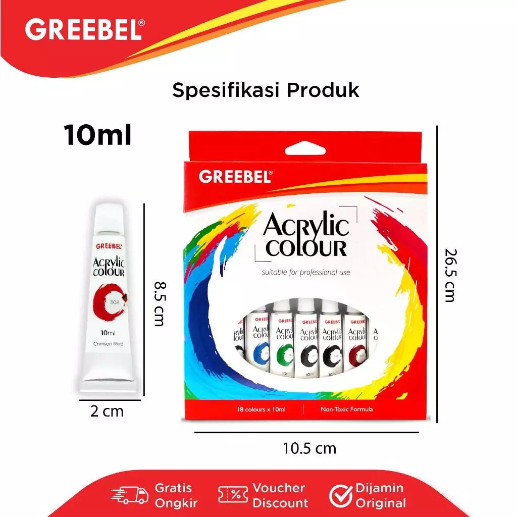GREEBEL Acrylic Paint Colour Set - 18Cx10ml (Pilihan Warna Lengkap Cat Warna Akrilik)