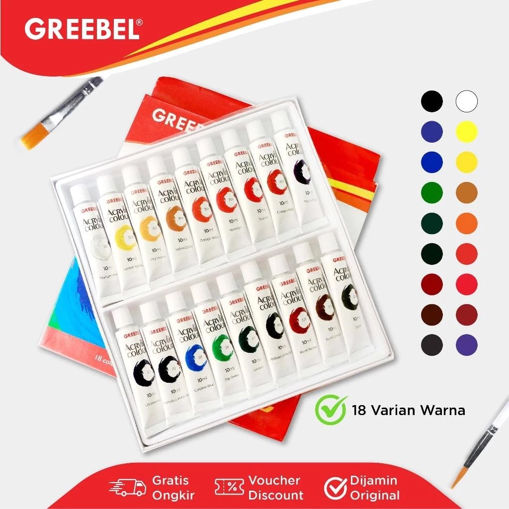 GREEBEL Acrylic Paint Colour Set - 18Cx10ml (Pilihan Warna Lengkap Cat Warna Akrilik)