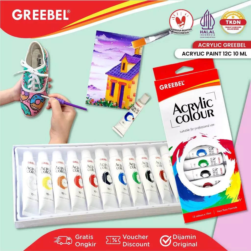 GREEBEL Acrylic Paint Colour Set - 12Cx10ml (Pilihan Warna Lengkap Cat Warna Akrilik)