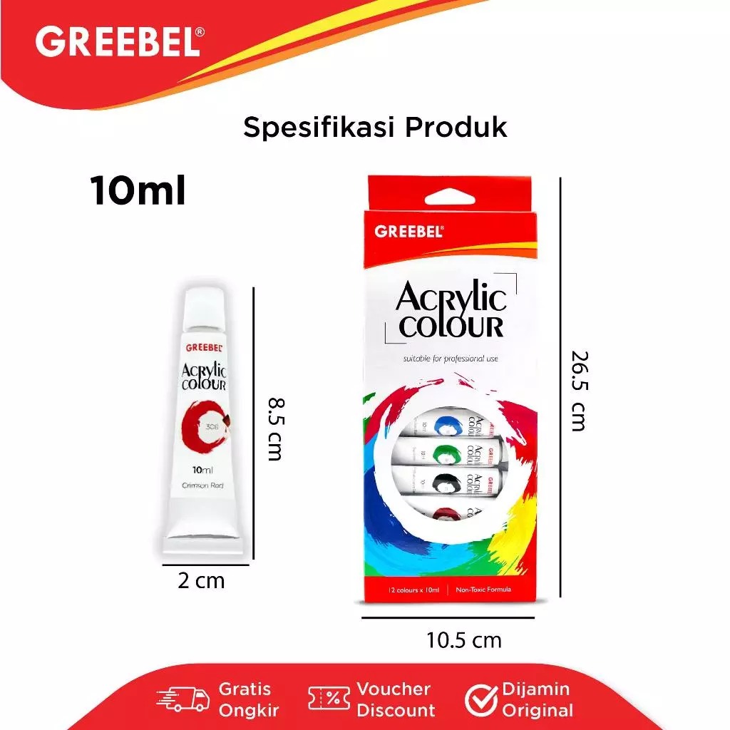 GREEBEL Acrylic Paint Colour Set - 12Cx10ml (Pilihan Warna Lengkap Cat Warna Akrilik)