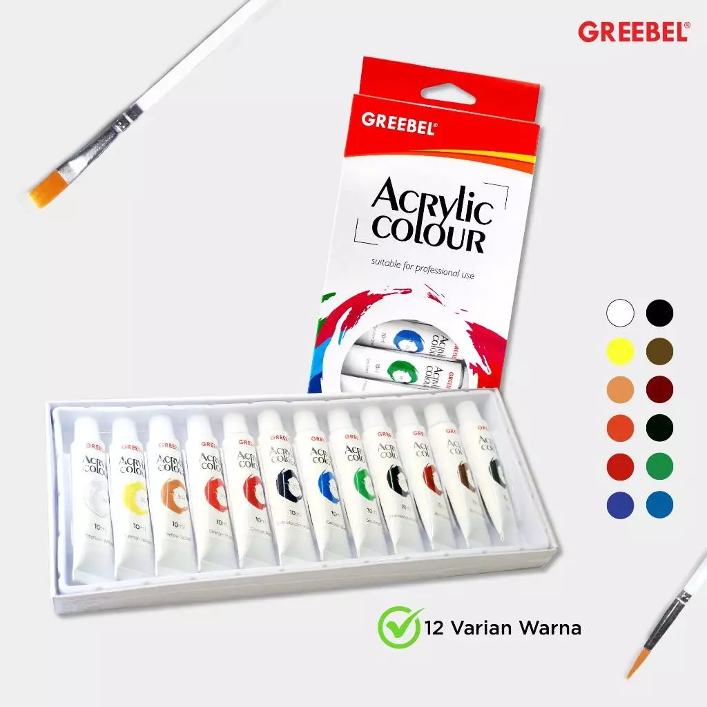 GREEBEL Acrylic Paint Colour Set - 12Cx10ml (Pilihan Warna Lengkap Cat Warna Akrilik)