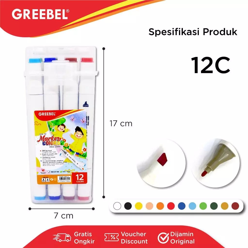 GREEBEL Water Marker 2in1 Dual Head - 12C (Spidol Warna Warni 1 Set 2 Ujung)