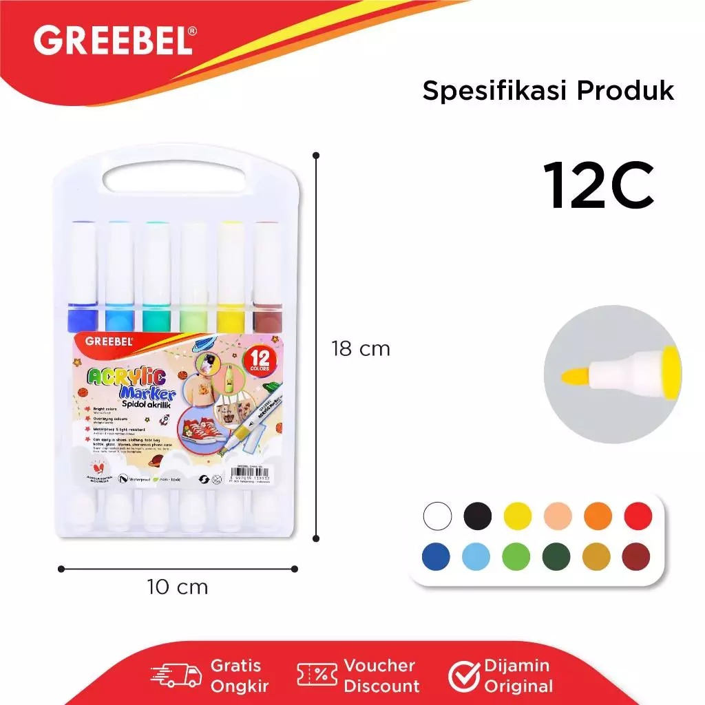 GREEBEL Acrylic Marker Single Head - 12C (Spidol Akrilik 1 Ujung Tahan Lama)