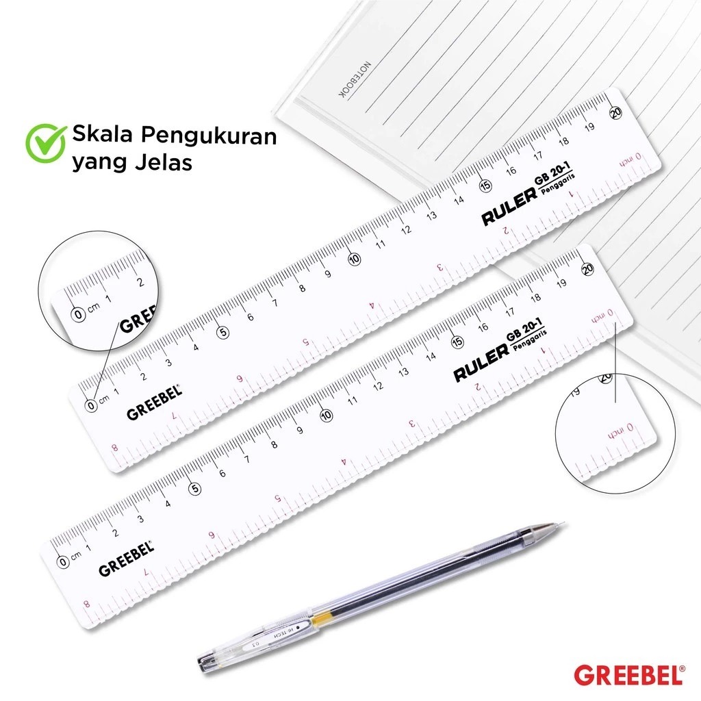 GREEBEL Ruler / Penggaris Plastik Transparan - 20cm (20-1) Alat Ukur Presisi & Praktis