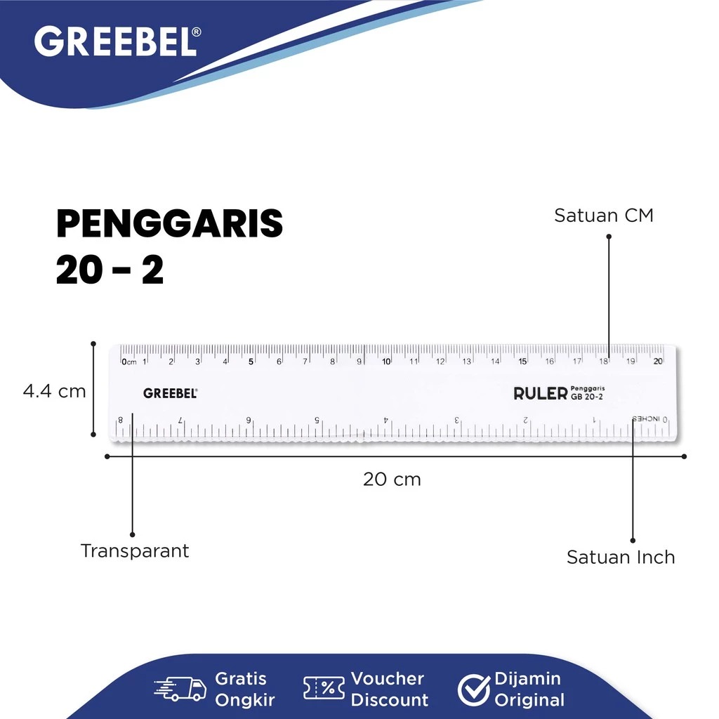 GREEBEL Ruler / Penggaris Plastik Transparan - 20cm (20-2) Alat Ukur Presisi & Praktis