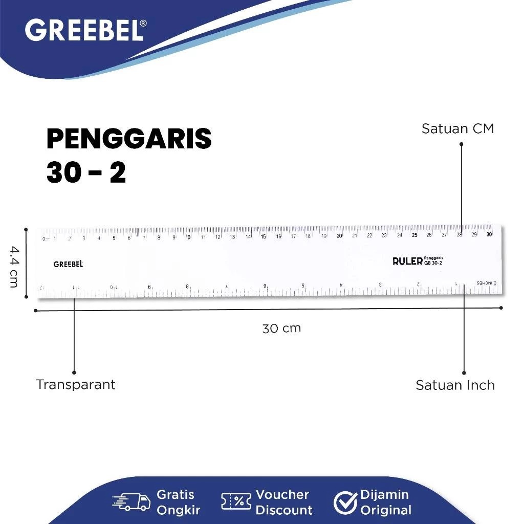 GREEBEL Ruler / Penggaris Plastik Transparan - 30cm (30-2) Alat Ukur Presisi & Praktis