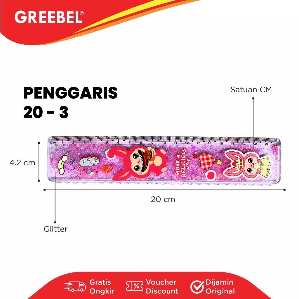 GREEBEL Penggaris Anak Karakter Air Glitter 20cm - Ruler Glitter (20-3) Penggaris Karakter Lucu
