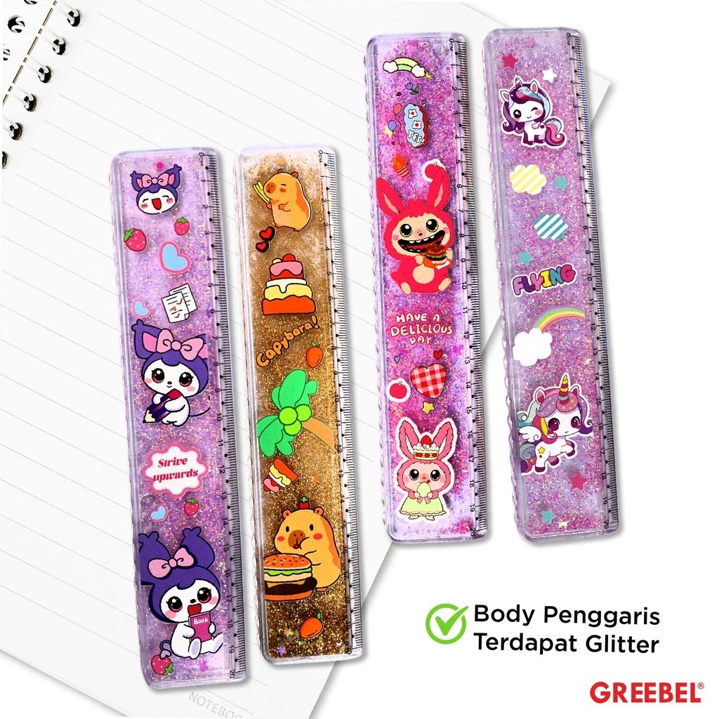 GREEBEL Penggaris Anak Karakter Air Glitter 20cm - Ruler Glitter (20-3) Penggaris Karakter Lucu