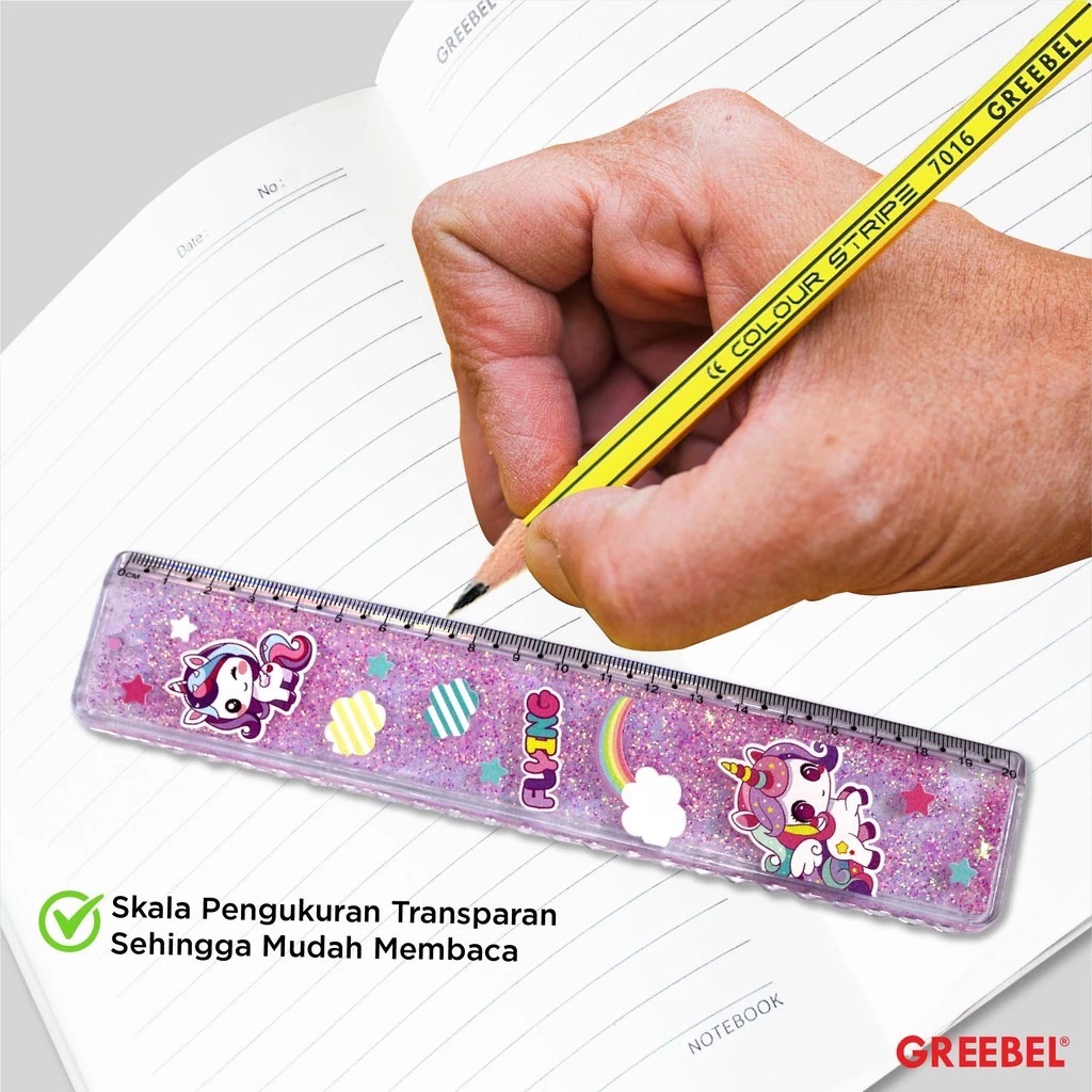 GREEBEL Penggaris Anak Karakter Air Glitter 20cm - Ruler Glitter (20-3) Penggaris Karakter Lucu