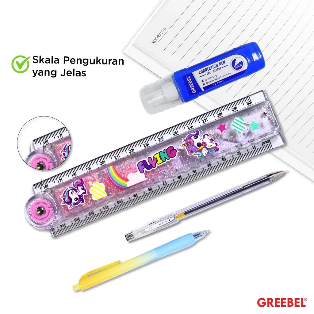 GREEBEL Penggaris Lipat Karakter Glitter 30cm - Ruler Foldable Glitter (30-3) Penggaris Karakter Lucu