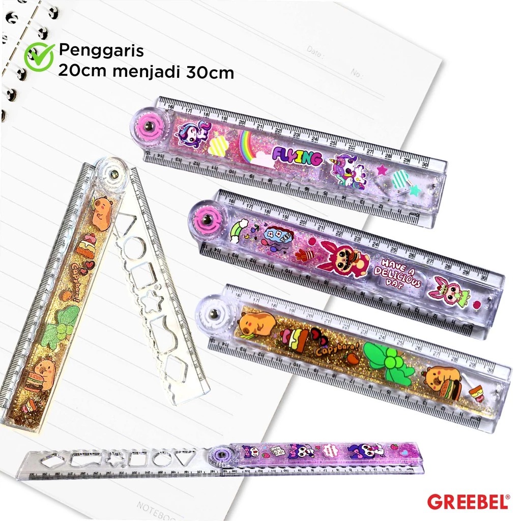 GREEBEL Penggaris Lipat Karakter Glitter 30cm - Ruler Foldable Glitter (30-3) Penggaris Karakter Lucu