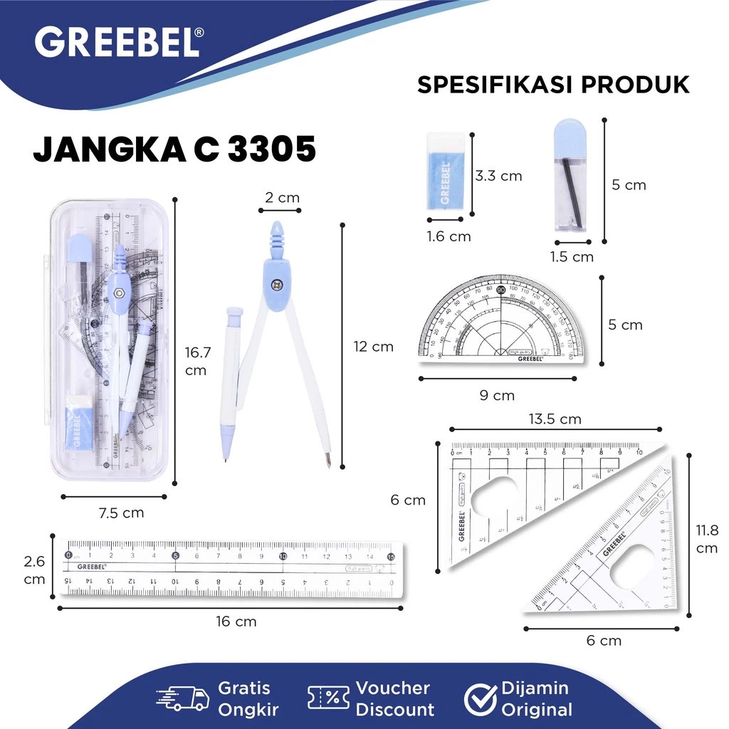 GREEBEL Jangka Set Matematika - C3305 (1 Set Jangka + Alat Ukur Penggaris )