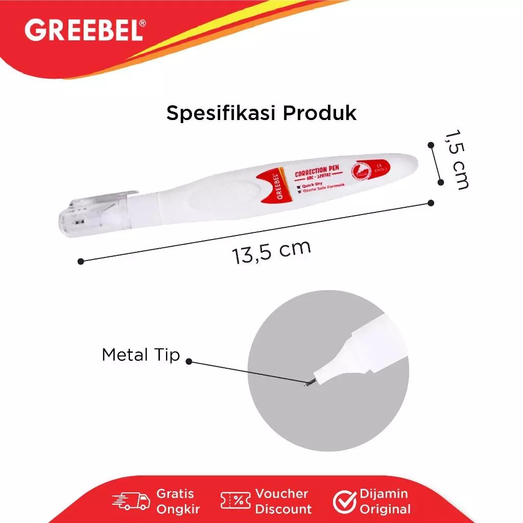 GREEBEL Correction Pen - (GBC-120702) Tip-Ex Cair Koreksi Tulisan & Cepat Kering