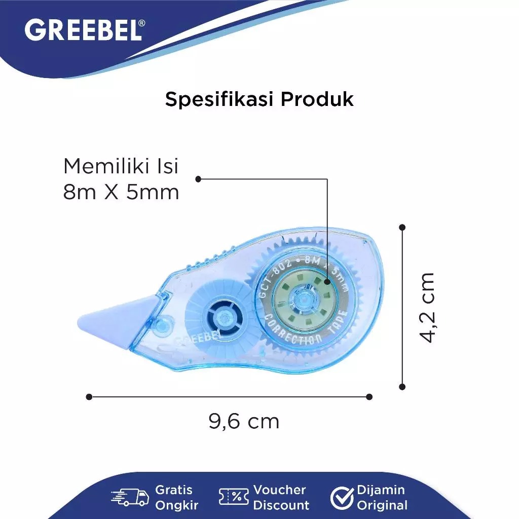 GREEBEL Correction Tape - (GCT-802) Tip-Ex Kertas Praktis & Mudah Digunakan