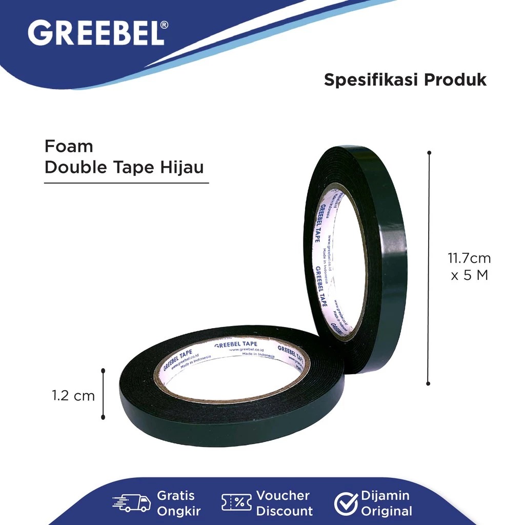 GREEBEL Foam Double Tape HIJAU (1mm x 12mm x 5m)