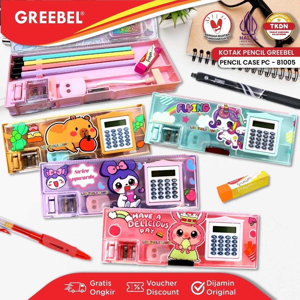 GREEBEL Magnet Pencil Case - (PC-81005) Tempat Pensil, Rautan Pensil, Kalkulator, Lampu Belajar Mini