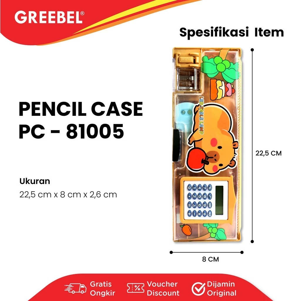 GREEBEL Magnet Pencil Case - (PC-81005) Tempat Pensil, Rautan Pensil, Kalkulator, Lampu Belajar Mini