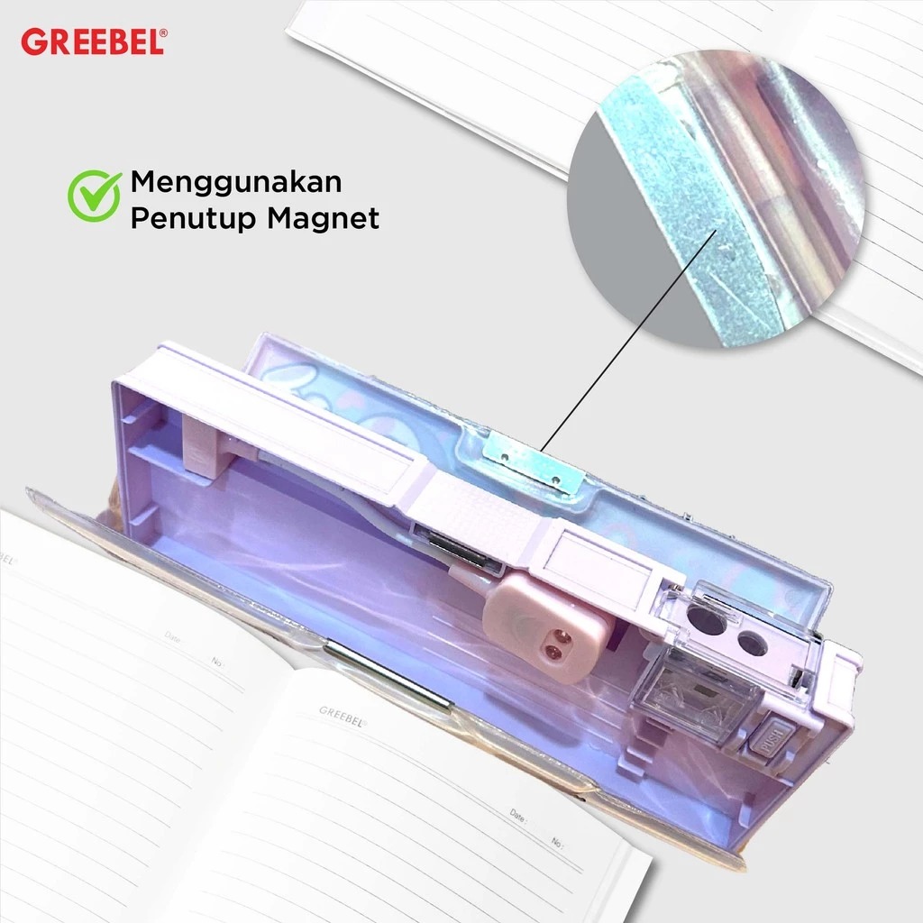 GREEBEL Magnet Pencil Case - (PC-81005) Tempat Pensil, Rautan Pensil, Kalkulator, Lampu Belajar Mini