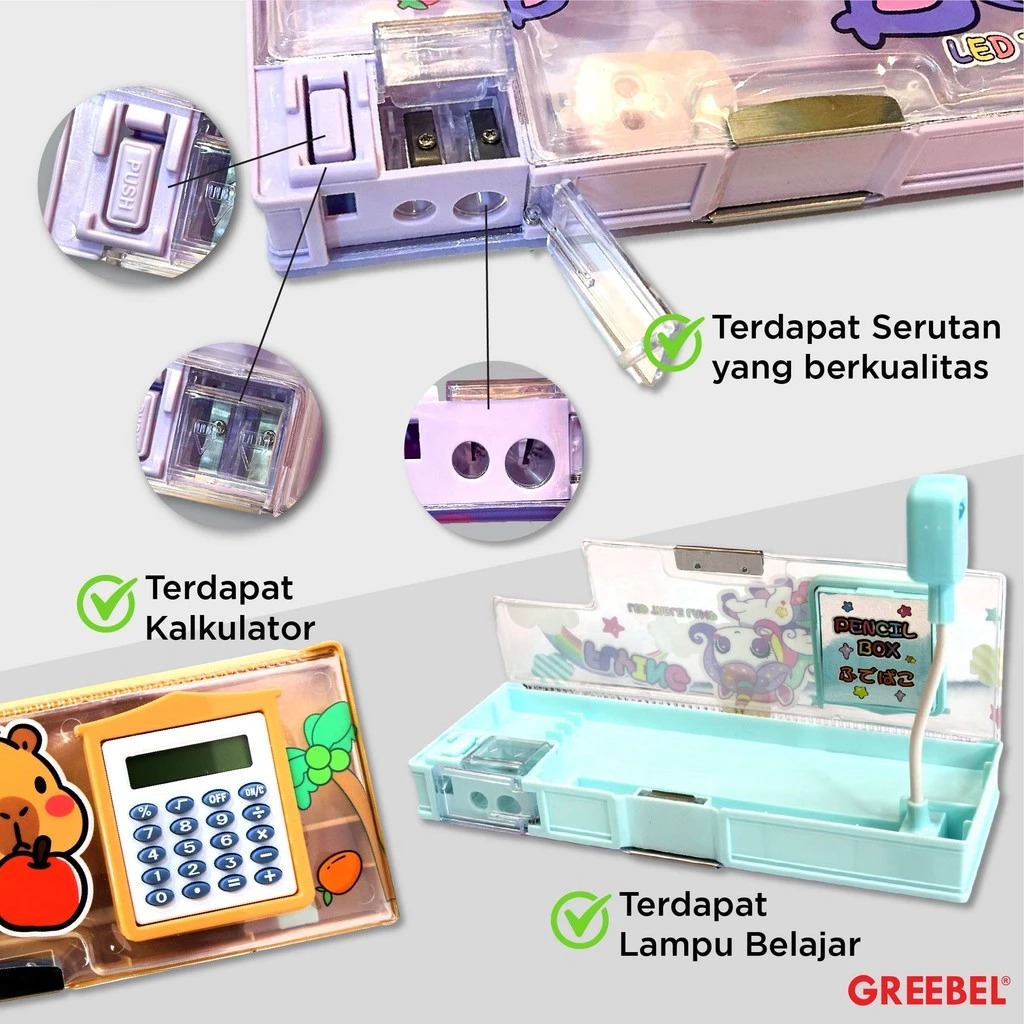 GREEBEL Magnet Pencil Case - (PC-81005) Tempat Pensil, Rautan Pensil, Kalkulator, Lampu Belajar Mini
