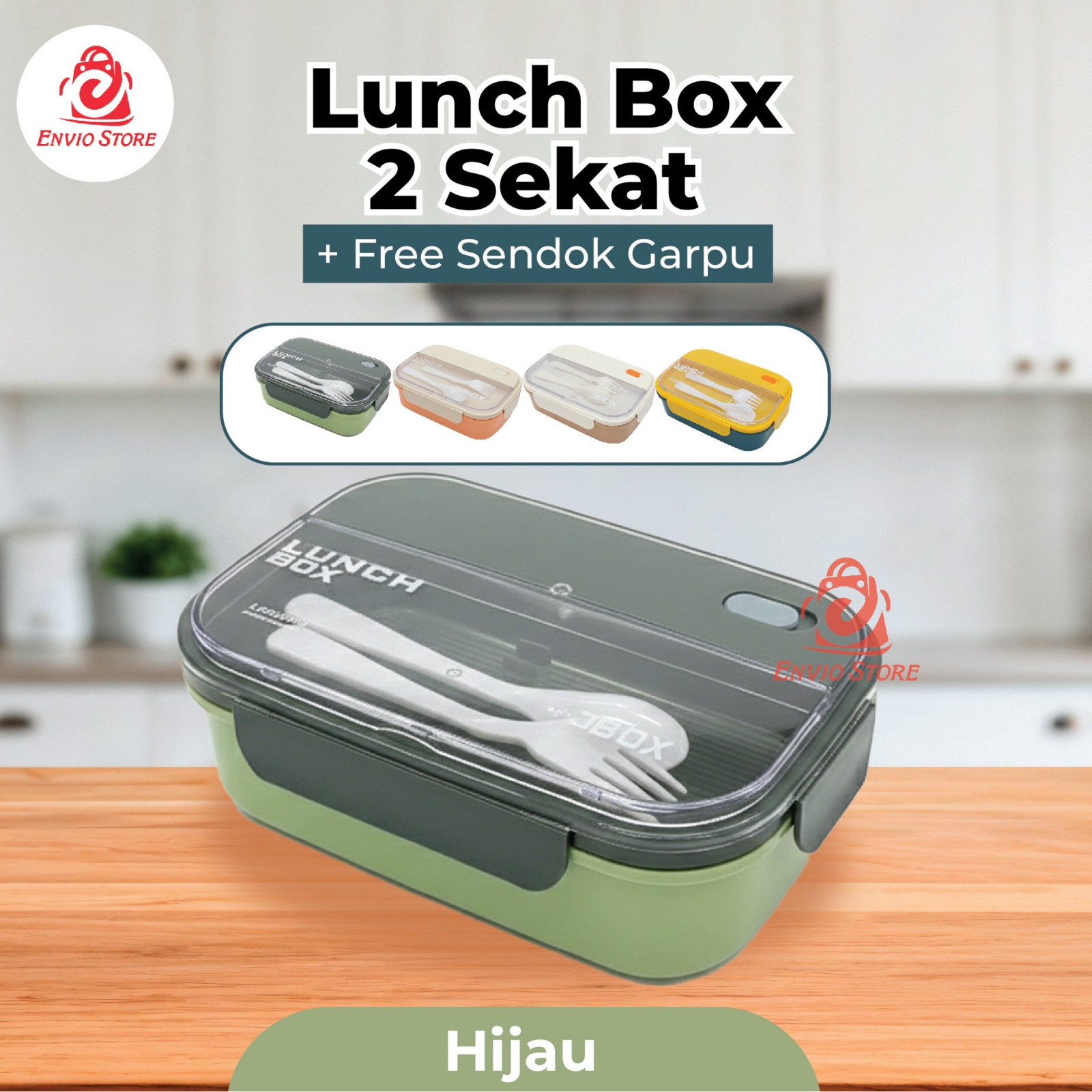 Lunch Box 2 Sekat 1200ml + Free Sendok Garpu - HIJAU (JB002) Lunch Box 2 Sekat 1200ml + Free Sendok Garpu - HIJAU (JB002)